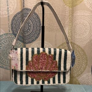 Elegant Shell Beaded Shoulder Bag - Pink and Green Stripes